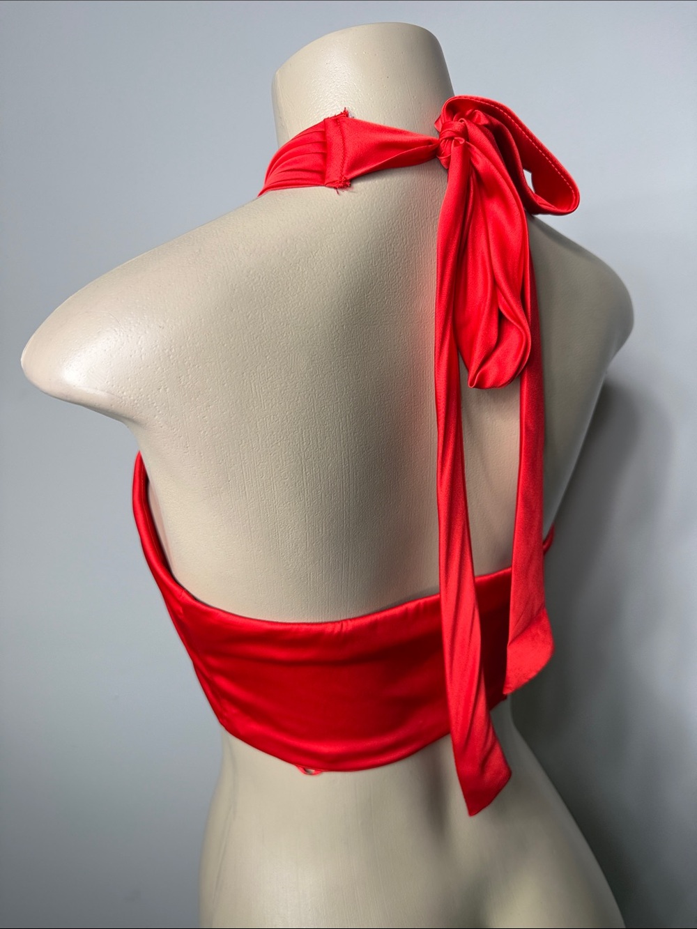 Red Satin Cross-Front Tie Bandeau Halter Top - Picture 4 of 5